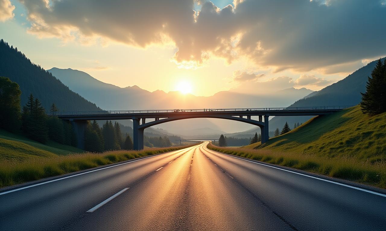 Eine moderne Autobahnbrücke in den österreichischen Alpen bei Sonnenaufgang.