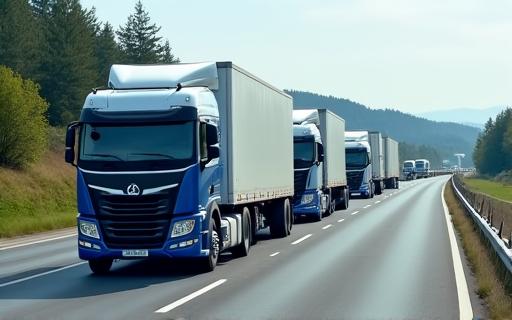Mehrere Lastwagen auf einer Autobahn in einer Reihe.